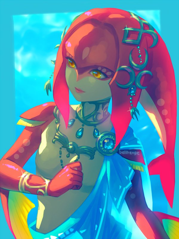 1girl bellhenge breasts fins fish_girl hair_ornament jewelry long_hair mipha monster_girl multicolored multicolored_skin no_eyebrows red_skin redhead smile solo the_legend_of_zelda the_legend_of_zelda:_breath_of_the_wild yellow_eyes zora
