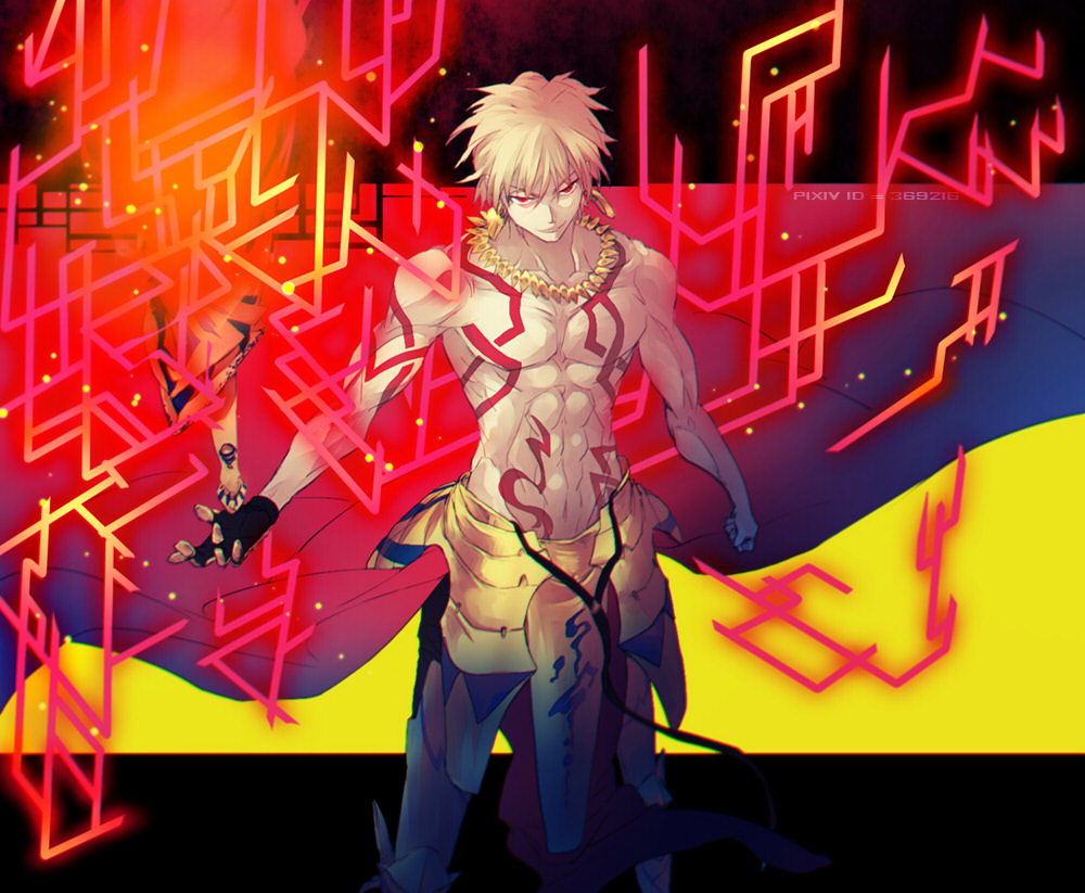 1boy ankai_(rappelzankai) armor blonde_hair ea_(fate/stay_night) earrings fate/hollow_ataraxia fate_(series) gilgamesh jewelry male_focus necklace red red_eyes shirtless solo sword tattoo weapon yellow