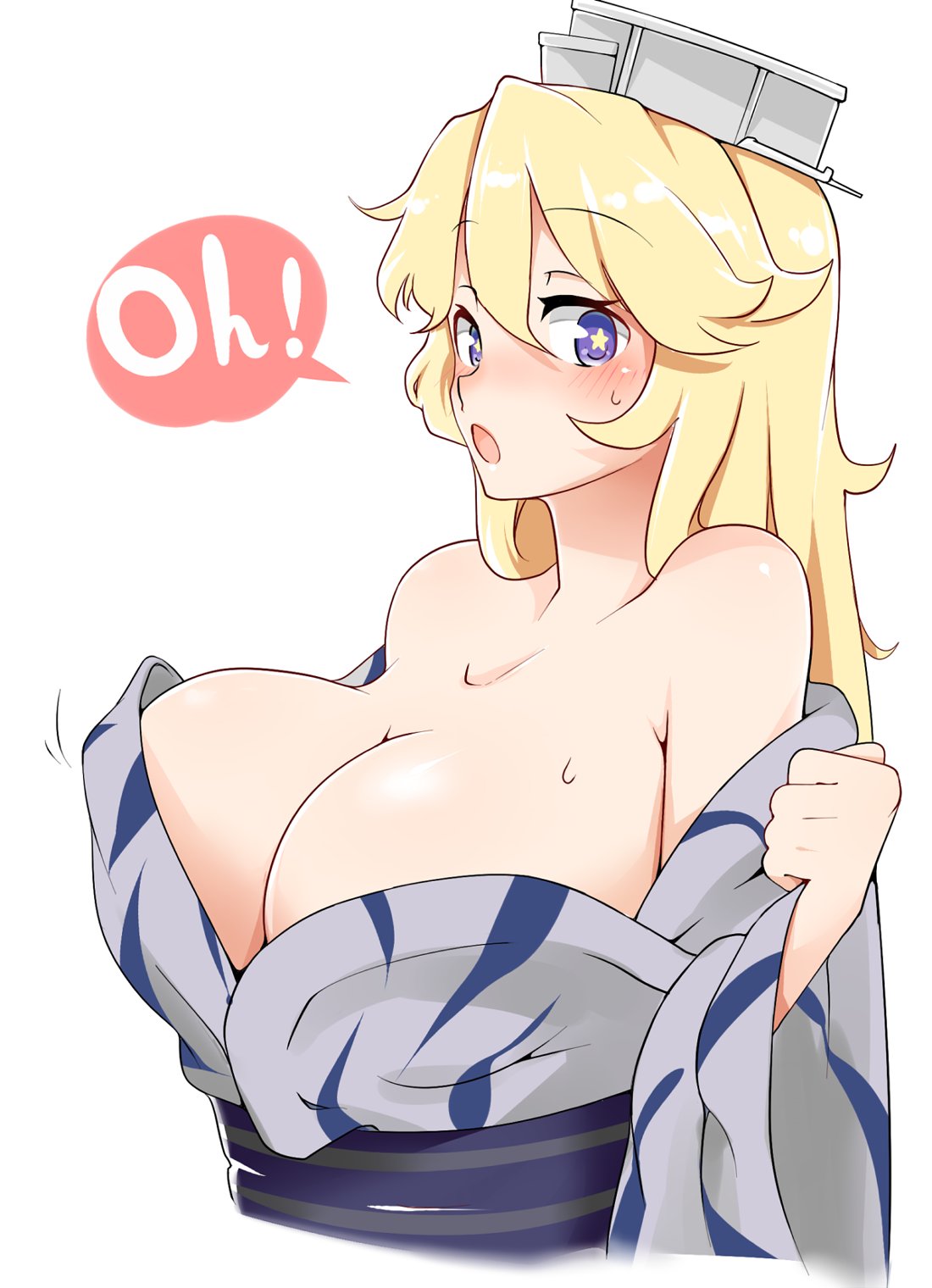 10s 1girl alternate_costume aoi_renji blonde_hair blue_eyes blush breasts headgear highres iowa_(kantai_collection) japanese_clothes kantai_collection kimono large_breasts star star-shaped_pupils sweatdrop symbol-shaped_pupils yukata