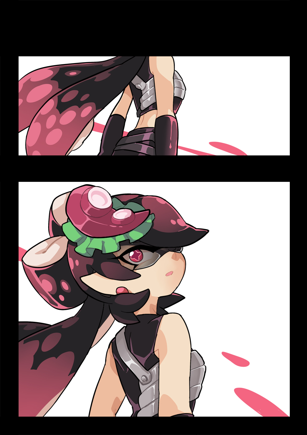 1girl aori_(splatoon) armor bare_shoulders comic cosplay domino_mask earrings elbow_gloves gloves hair_ornament highres jewelry looking_at_viewer looking_back mask midriff mole mole_under_eye parted_lips pointy_ears sleeveless solo splatoon splatoon_2 symbol-shaped_pupils takozonesu takozonesu_(cosplay) tentacle_hair textless vest wong_ying_chee
