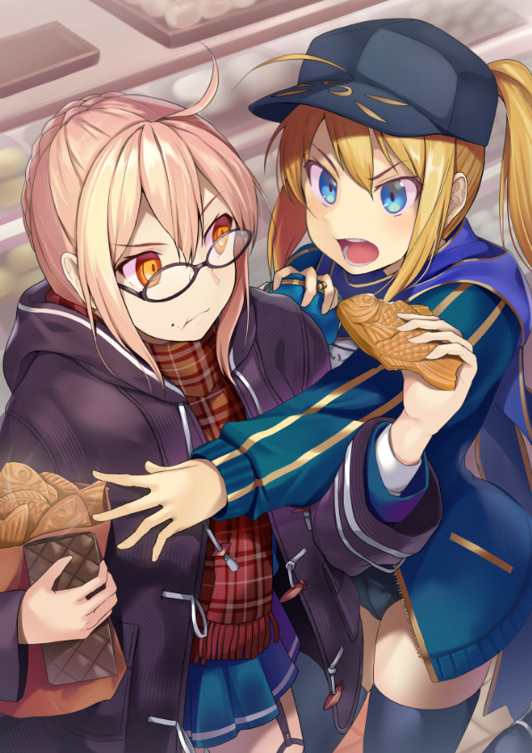 2girls :t ahoge bakery bangs baseball_cap black_legwear blonde_hair blue_skirt buruma closed_mouth coat d:&lt; duffel_coat eating fate/grand_order fate_(series) food food_on_face fringe gym_uniform hair_between_eyes hat heroine_x heroine_x_(alter) hinami_(hinatamizu) holding_bag long_hair looking_at_another multiple_girls name_tag open_clothes open_coat open_mouth open_track_jacket orange_eyes plaid plaid_scarf pleated_skirt ponytail red_scarf rojiura_satsuki:_chapter_heroine_sanctuary saber scarf shop sidelocks skirt taiyaki teeth thigh-highs thighs wagashi