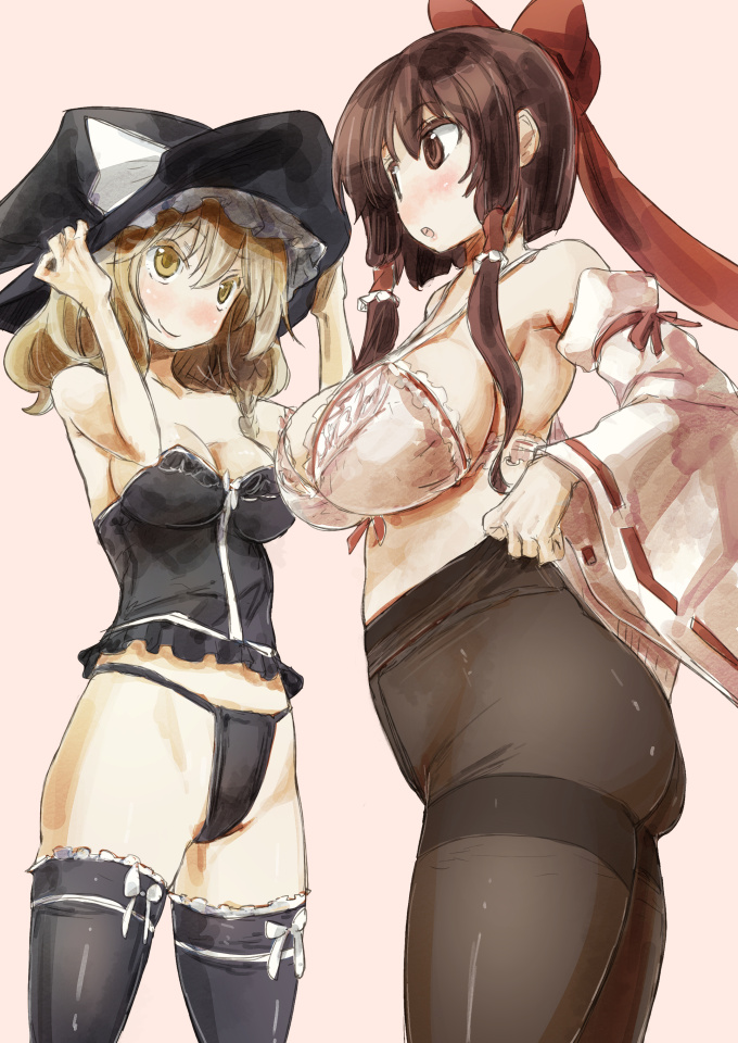 2girls ass bare_shoulders black_legwear blonde_hair blush bow breasts brown_eyes brown_hair corset detached_sleeves fundoshi fundoshi_under_pantyhose hair_bow hair_tubes hakurei_reimu hat japanese_clothes kirisame_marisa large_breasts long_hair medium_breasts multiple_girls open_mouth pantyhose short_hair_with_long_locks sidelocks smile thigh-highs thighband_pantyhose touhou wide_sleeves witch_hat yellow_eyes yohane