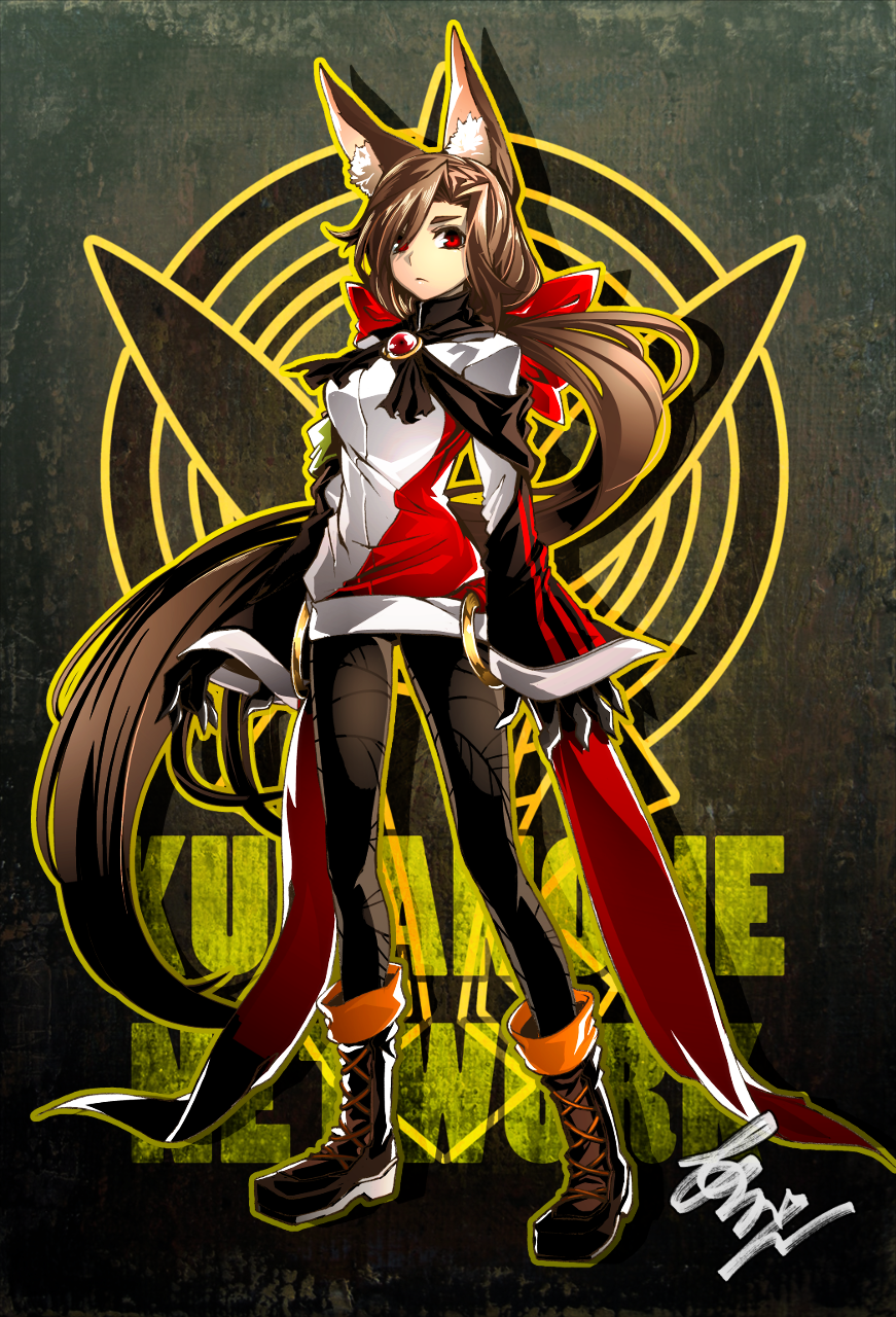 1girl adapted_costume alternate_hairstyle animal_ears arikanrobo black_legwear boots bow brooch brown_boots brown_hair claws commentary_request cross-laced_footwear full_body hair_over_one_eye highres imaizumi_kagerou jacket jewelry lace-up_boots long_hair long_sleeves looking_at_viewer marker_(medium) red_bow red_eyes solo standing touhou traditional_media very_long_hair wolf_ears
