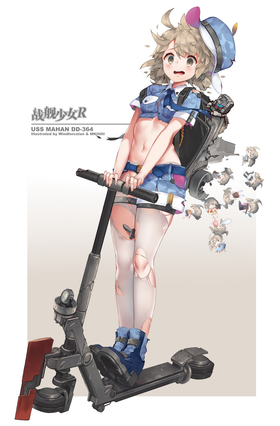 1girl bangs blue_boots blue_shirt blue_shorts blush boots breast_pocket character_name collared_shirt copyright_name crop_top damaged eyebrows_visible_through_hair flat_cap grey_eyes grey_hair ground_vehicle hat highres mahan_(zhan_jian_shao_nyu) messy_hair midriff motor_vehicle navel open_mouth pantyhose pocket rigging scooter shirt short_hair short_shorts short_sleeves shorts solo standing thigh_strap thighs torn_clothes torn_pantyhose white_legwear windforcelan zhan_jian_shao_nyu