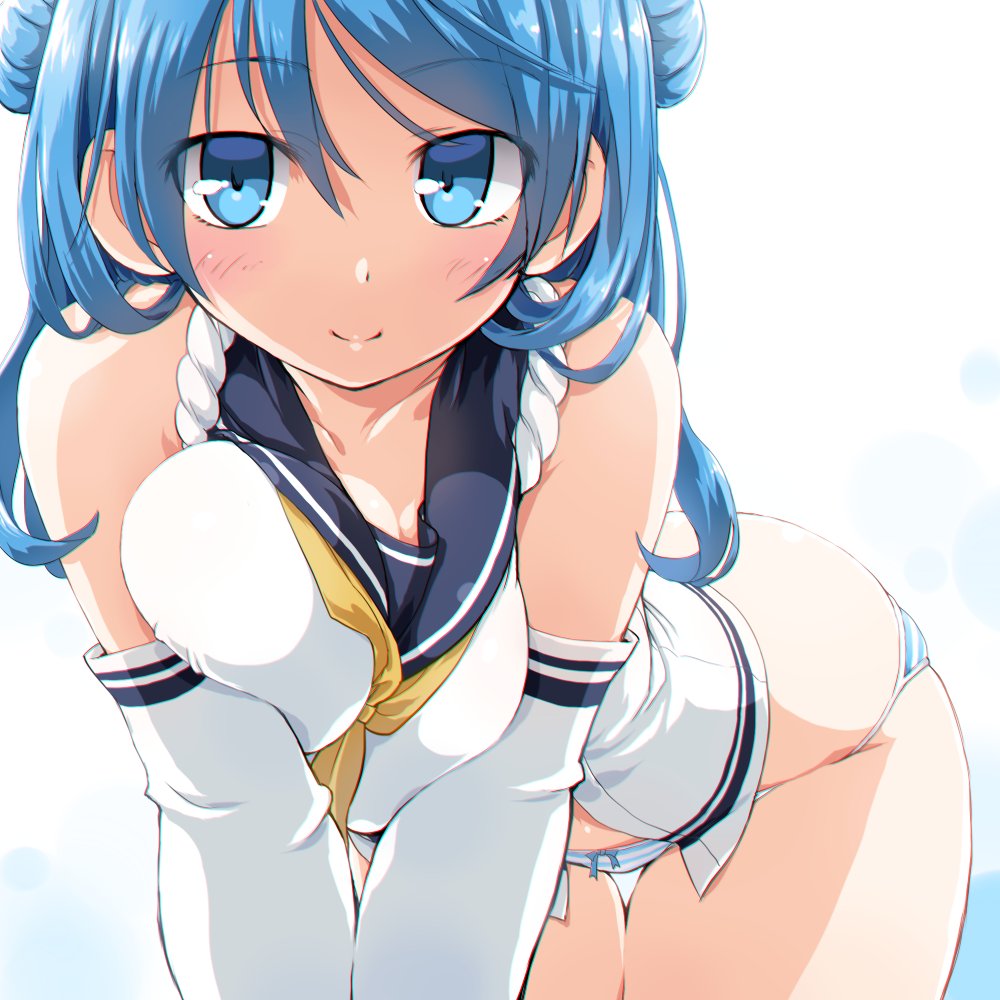 10s 1girl all_fours blue_eyes blue_hair bow bow_panties breast_squeeze breasts cleavage closed_mouth dd_(ijigendd) double_bun elbow_gloves eyebrows_visible_through_hair gloves hair_between_eyes kantai_collection large_breasts long_hair looking_at_viewer no_pants panties sailor_collar sailor_shirt shirt simple_background smile solo striped striped_panties thigh_gap underwear urakaze_(kantai_collection) white_gloves