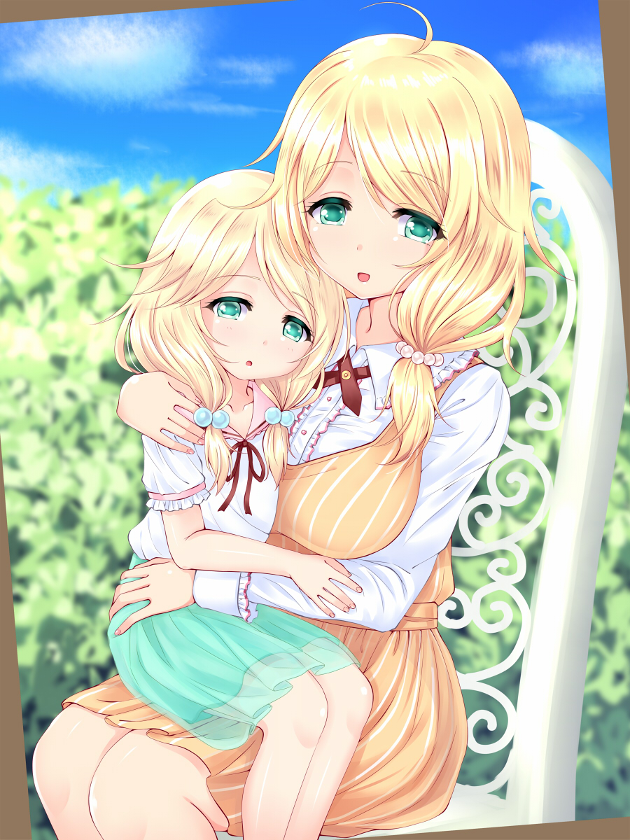 10s 2girls ahoge aqua_eyes blonde_hair breasts commentary_request dress hair_ornament highres idolmaster idolmaster_cinderella_girls large_breasts long_hair long_sleeves looking_at_viewer low_twintails mother_and_daughter multiple_girls older open_mouth short_sleeves sitting sitting_on_lap sitting_on_person twintails u2_(5798239) yusa_kozue