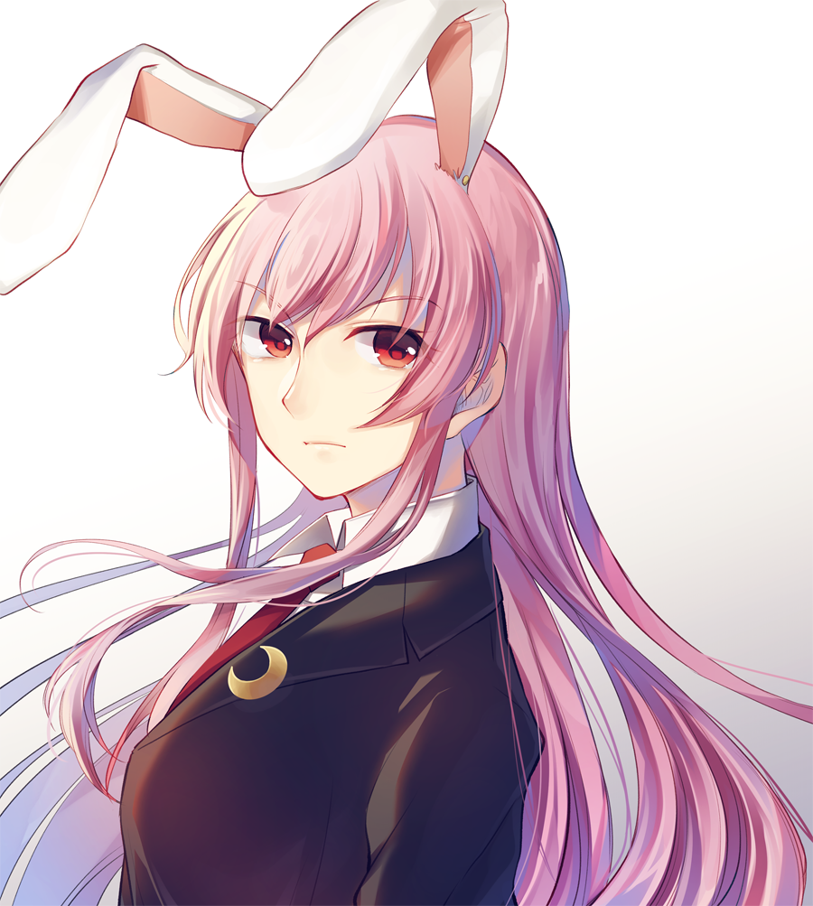 1girl animal_ears bangs blazer breasts closed_mouth collared_shirt commentary_request crescent crescent_moon_pin female from_side gradient gradient_background jacket kaede_(mmkeyy) lavender_hair long_hair long_sleeves looking_at_viewer looking_to_the_side medium_breasts necktie pink_hair rabbit_ears red_eyes red_necktie reisen_udongein_inaba shirt solo touhou upper_body white_background white_shirt wing_collar