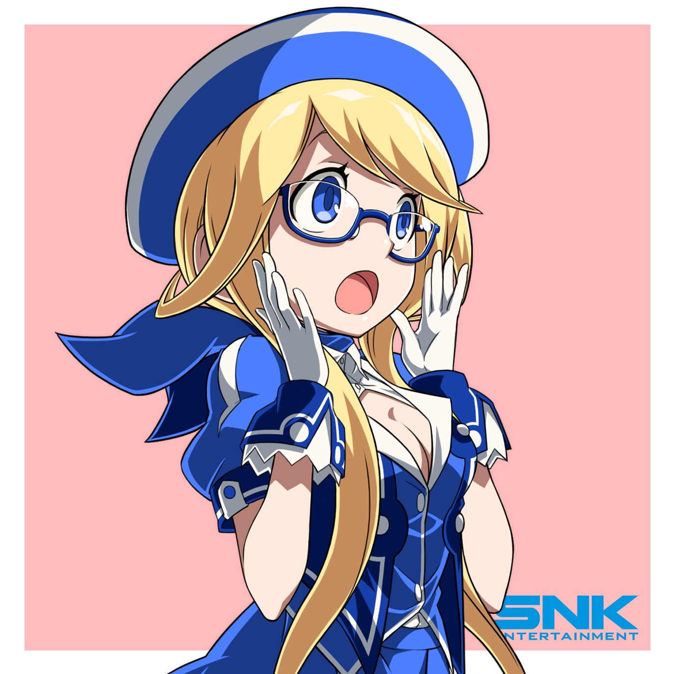 1girl ascot beret blonde_hair blue-framed_eyewear blue_ascot blue_eyes enta_girl falcoon glasses gloves hat highres jacket logo mascot official_art open_mouth pink_background puffy_short_sleeves puffy_sleeves semi-rimless_glasses short_sleeves simple_background snk solo surprised upper_body