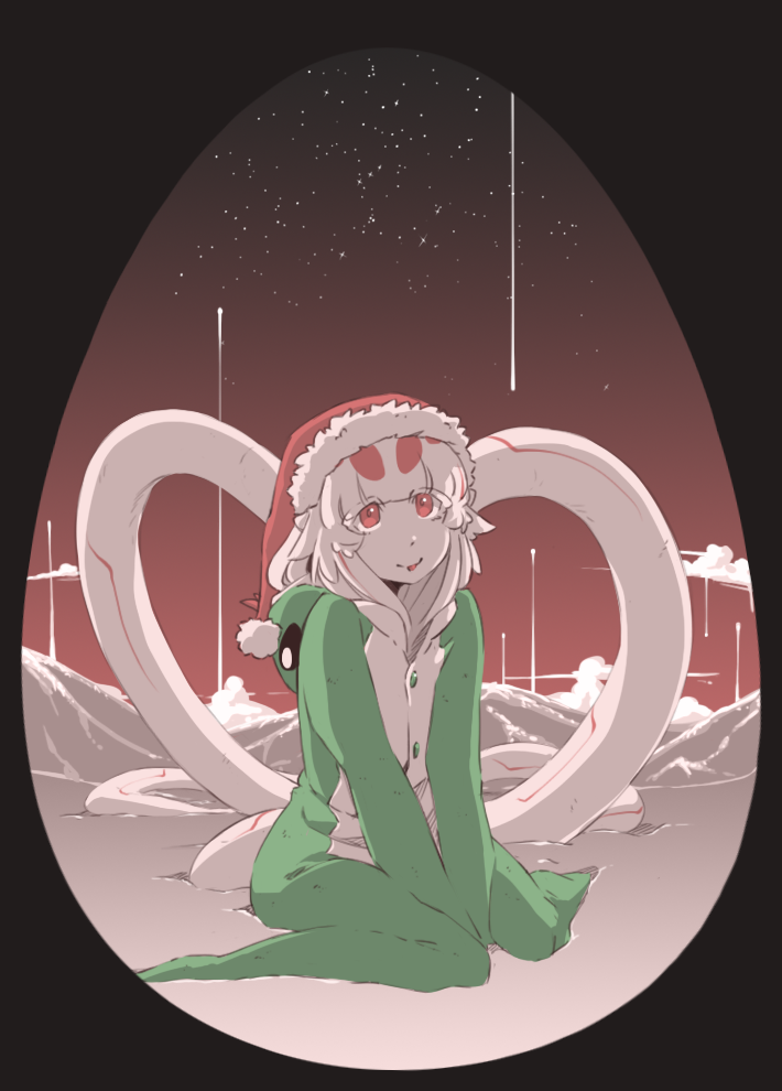 1girl :p ad-6-0001a alien commentary heart_tail long_tail looking_at_viewer monster_girl original petite-emi red_eyes sitting smile snake_costume solo tail tongue tongue_out white_hair white_skin