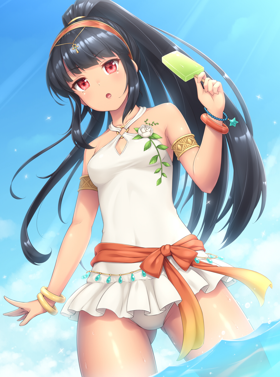 1girl :o armlet bangs bare_shoulders black_hair bracelet breasts criss-cross_halter day food gluteal_fold hairband halterneck highres jewelry long_hair looking_at_viewer o-ring original outdoors ponytail popsicle red_eyes sasaame sash shiny shiny_hair small_breasts solo star swimsuit wading white_swimsuit