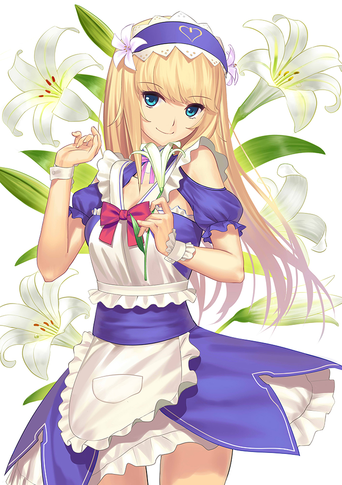 androgynous apron blonde_hair blue_eyes dress fate/grand_order fate_(series) flower hairband le_chevalier_d'eon_(fate/grand_order) lily_(flower) long_hair looking_at_viewer simple_background smile solo tsukikanade white_background wrist_cuffs