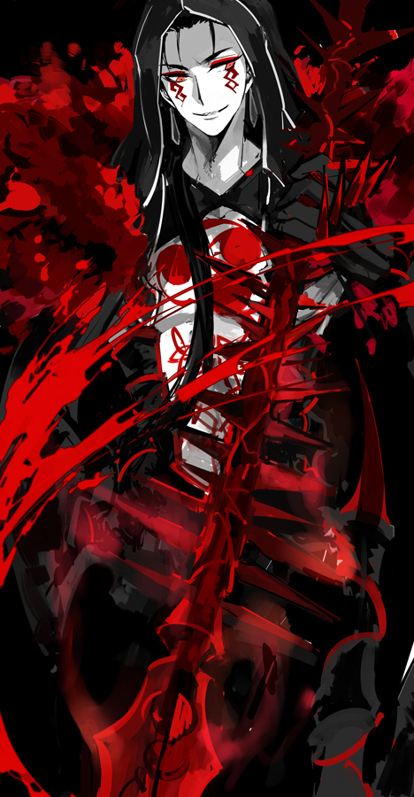 1boy blood cu_chulainn_alter_(fate/grand_order) eyeshadow facial_mark fate/grand_order fate_(series) fur_collar gae_bolg hood long_hair makeup male_focus muted_color polearm red_eyes solo spear spikes tattoo weapon zmore