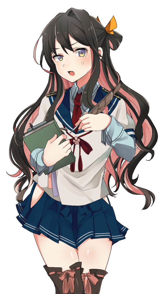 &gt;:o 1girl :o black_hair blush book boots bow commentary_request cosplay cowboy_shot fang feathers hair_bow hair_bun kantai_collection long_hair long_sleeves looking_at_viewer multicolored_hair naganami_(kantai_collection) necktie ooyodo_(kantai_collection) ooyodo_(kantai_collection)_(cosplay) pink_hair rinto_(rint_rnt) simple_background solo thigh-highs thigh_boots two-tone_hair violet_eyes white_background