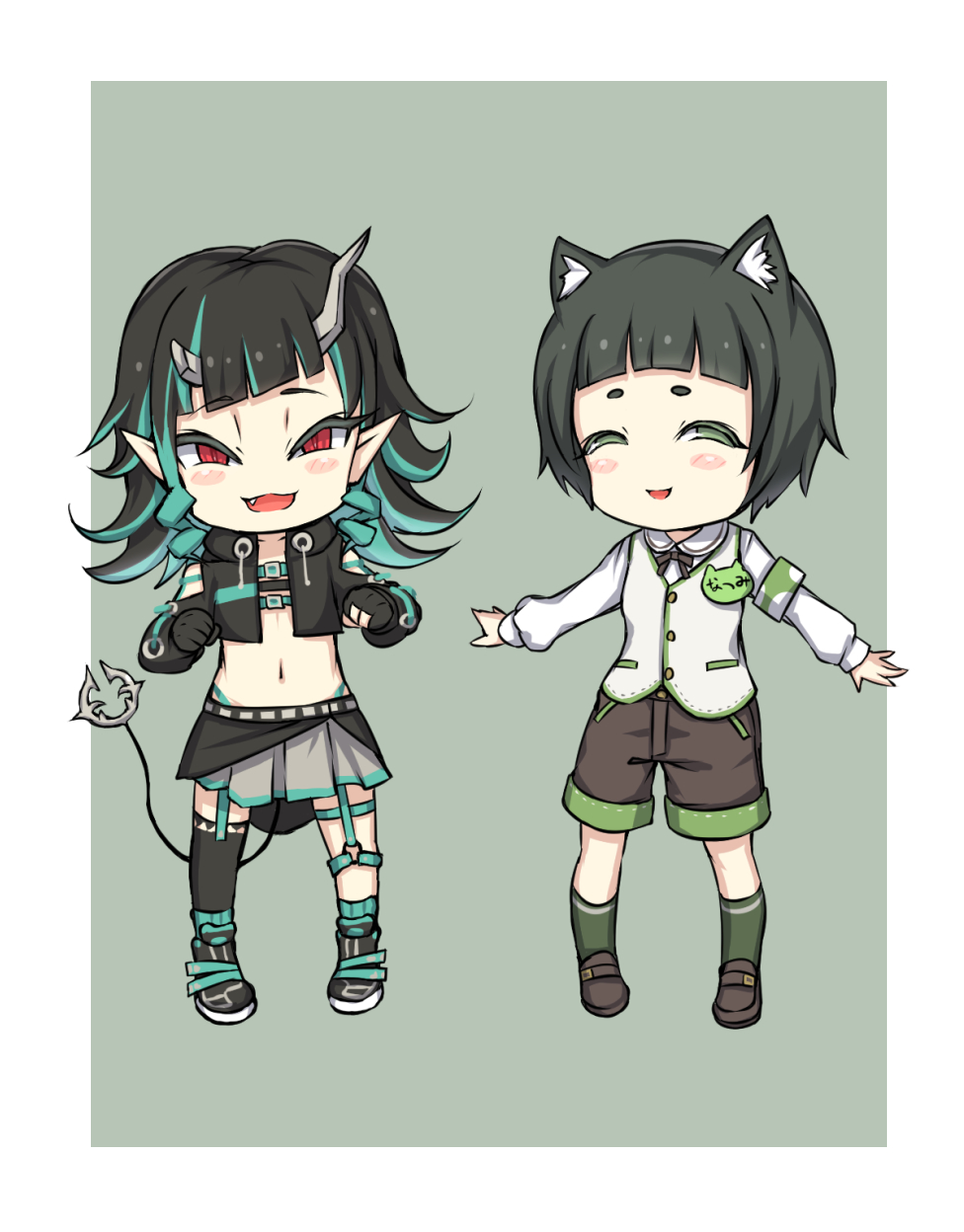 2girls animal_ear_fluff animal_ears animare bangs belt beltbra black_footwear black_gloves black_hair black_jacket black_legwear black_ribbon black_shorts black_skirt blue_belt blue_hair blue_legwear blunt_bangs blush breasts chest_belt clothing_cutout commentary_request cropped_jacket cross-laced_sleeves demon_girl demon_horns demon_tail dog_ears fang flat_chest full_body garter_straps gloves green_background green_eyes green_legwear grey_skirt hashiba_natsumi_(animare) highres horns jacket layered_skirt long_hair long_sleeves looking_at_viewer midriff multicolored_hair multiple_girls navel neck_ribbon open_clothes open_jacket open_mouth partially_fingerless_gloves pointy_ears red_eyes ribbon rose22 shishio_chris shoes short_hair shorts shoulder_cutout simple_background single_thighhigh skirt small_breasts smile smug sneakers socks sugar_lyric tail thick_eyebrows thigh-highs two-tone_background two-tone_hair vest virtual_youtuber white_background white_vest zipper_skirt