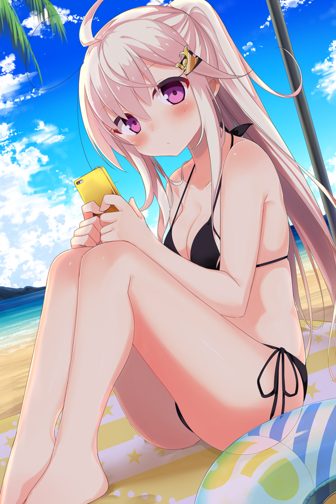 1girl ahoge beach bikini black_bikini blue_sky blush breasts cellphone closed_mouth clouds cloudy_sky day hair_ornament hairclip halter_top halterneck holding holding_phone innertube legs_together long_hair looking_at_viewer medium_breasts mizuki-chan_(sasahara_wakaba) ocean original outdoors palm_tree phone sasahara_wakaba side-tie_bikini sidelocks sitting sky smartphone solo swimsuit tree violet_eyes white_hair