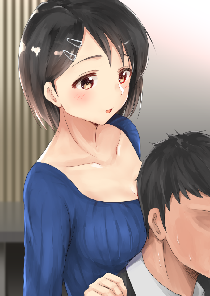 10s 1boy 1girl black_hair blush breasts cleavage collarbone commentary_request formal hair_ornament hairclip idolmaster idolmaster_cinderella_girls medium_breasts older open_mouth producer_(idolmaster) red_eyes sasaki_chie sg_(esujii) short_hair sketch smile suit sweat