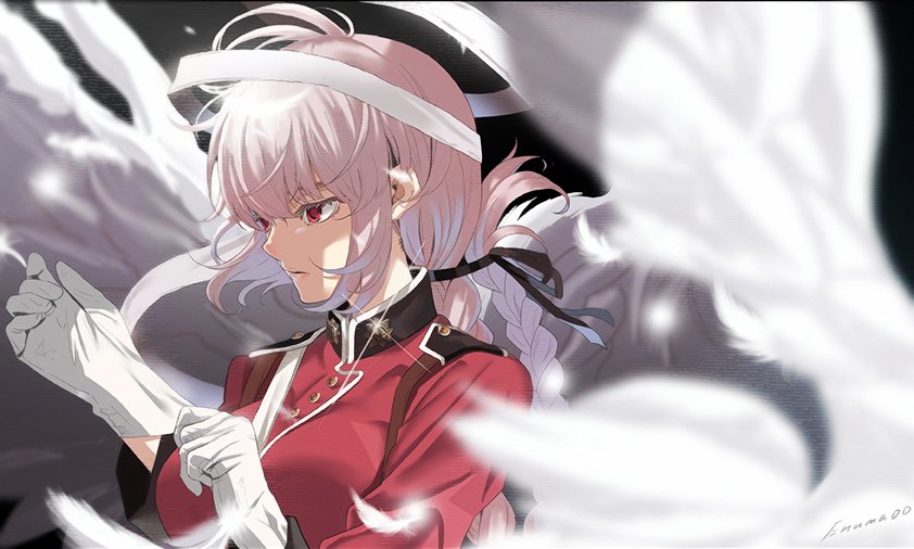 1girl adjusting_clothes adjusting_gloves aora bangs braid breasts fate/grand_order fate_(series) feathered_wings florence_nightingale_(fate/grand_order) from_side gloves large_breasts long_hair long_sleeves military military_uniform parted_lips pink_hair red_eyes sidelocks single_braid solo tied_hair uniform upper_body white_gloves white_wings wings