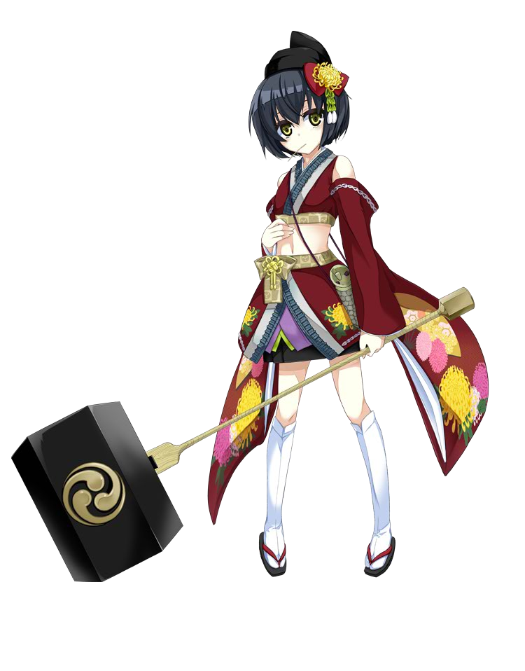 1girl black_hair detached_sleeves full_body hair_ornament hammer hand_on_own_stomach hat holding holding_weapon kanzaki_karuna looking_at_viewer midriff miki_(oshiro_project) navel official_art oshiro_project oshiro_project_re short_hair thigh-highs transparent_background weapon yellow_eyes