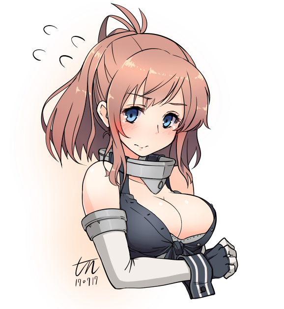 1girl 2017 blue_eyes breasts brown_hair cleavage cosplay dated elbow_gloves fingerless_gloves flying_sweatdrops front-tie_top gloves iowa_(kantai_collection) iowa_(kantai_collection)_(cosplay) kantai_collection large_breasts looking_at_viewer ponytail saratoga_(kantai_collection) short_hair side_ponytail signature simple_background solo tun upper_body white_background
