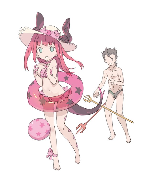 1boy 1girl alternate_costume ankle_ribbon aqua_eyes ball beachball bikini black_hair blade_(galaxist) fate/extra fate/extra_ccc fate/grand_order fate/zero fate_(series) gae_buidhe gae_dearg hat horns innertube lancer_(fate/extra_ccc) lancer_(fate/zero) long_hair male_swimwear neck_ribbon pig pink_bikini pink_hair polearm ribbon see-through simple_background spear square_mouth standing sun_hat swim_briefs swimsuit swimwear tail weapon white_background