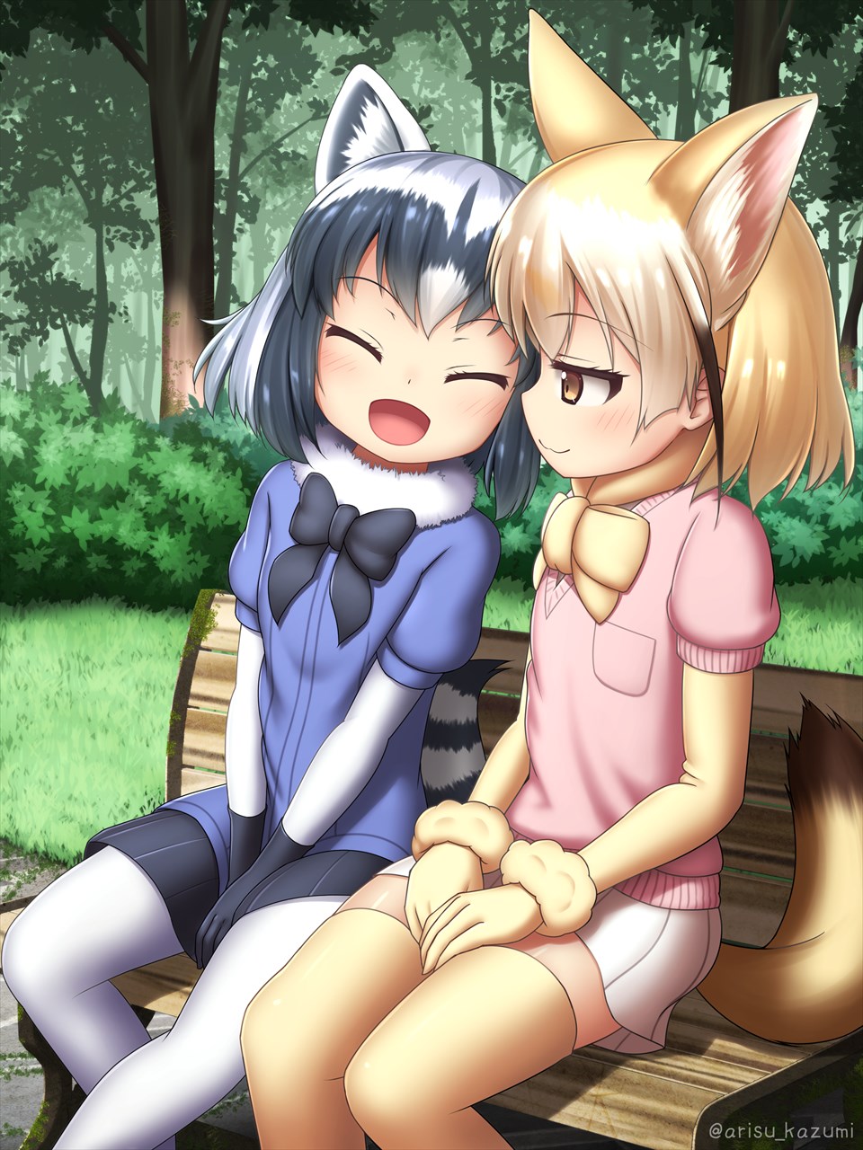 2girls :3 :d animal_ears arisu_kazumi bench between_legs black_gloves black_hair blonde_hair bow bowtie brown_eyes bush commentary_request common_raccoon_(kemono_friends) day facing_another fennec_(kemono_friends) forest fox_ears fox_tail fur_collar gloves grass hand_between_legs highres kemono_friends looking_at_viewer multicolored_hair multiple_girls nature open_mouth outdoors puffy_short_sleeves puffy_sleeves raccoon_ears raccoon_tail short_sleeves silver_hair sitting skirt smile tail thigh-highs tree twitter_username white_legwear yellow_gloves yellow_legwear |d