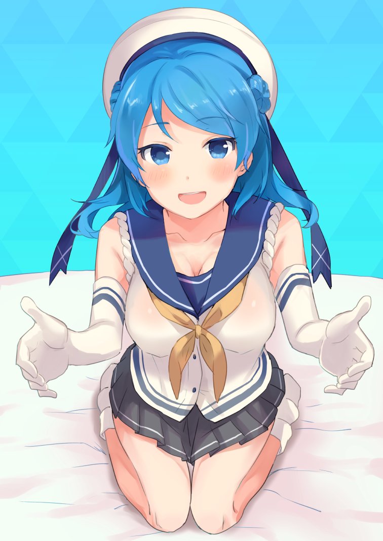 10s 1girl bare_shoulders bed_sheet blue_background blue_eyes blue_hair blush breasts cleavage collarbone double_bun eyebrows_visible_through_hair gloves grey_skirt hair_ribbon hat kantai_collection kneeling long_hair looking_at_viewer medium_breasts on_bed open_mouth pleated_skirt ribbon sailor_collar sailor_hat senbei_(senbe_i) skirt solo urakaze_(kantai_collection) white_gloves white_hat white_legwear