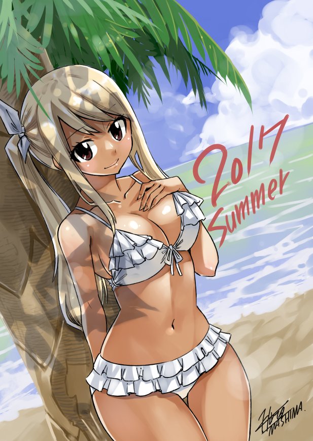 1girl 2017 against_tree bare_shoulders beach bikini blonde_hair blush breasts brown_eyes cleavage clouds collarbone cowboy_shot dark_skin english fairy_tail frilled_bikini frills hand_on_own_chest horizon lips long_hair looking_at_viewer lucy_heartfilia mashima_hiro medium_breasts navel ocean official_art palm_tree shiny shiny_skin side_ponytail sidelocks signature sky smile solo standing summer swimsuit tan thigh_gap tree water white_bikini