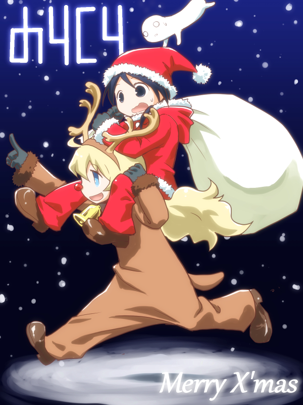 2girls animal_costume bell bell_collar black_eyes black_hair blonde_hair blue_eyes carrying chito_(shoujo_shuumatsu_ryokou) christmas collar commentary_request hood hood_down long_hair merry_christmas multiple_girls nuko_(shoujo_shuumatsu_ryokou) ootsuka_ushio pointing red_nose reindeer_costume running sack santa_costume shoujo_shuumatsu_ryokou shoulder_carry snowing sweatdrop yuuri_(shoujo_shuumatsu_ryokou)