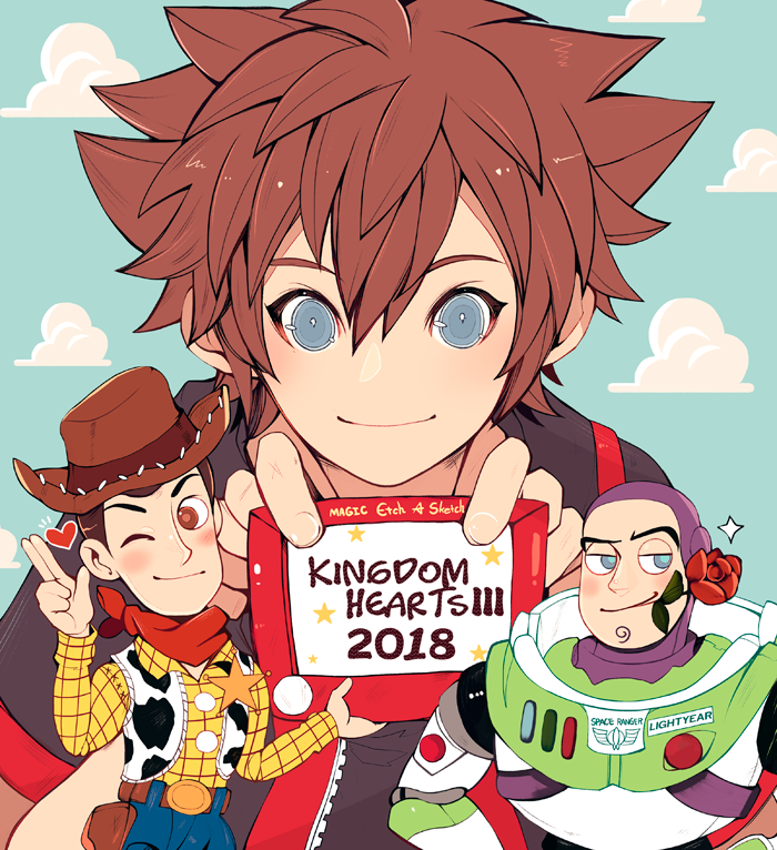 2018 3boys blue_eyes brown_hair buzz_lightyear cowboy_hat dated disney flower hat heart kingdom_hearts kingdom_hearts_iii kvover_(applebloom) looking_at_viewer mouth_hold multiple_boys rose scarf sheriff_woody smile sora_(kingdom_hearts) spacesuit sparkle toy_story