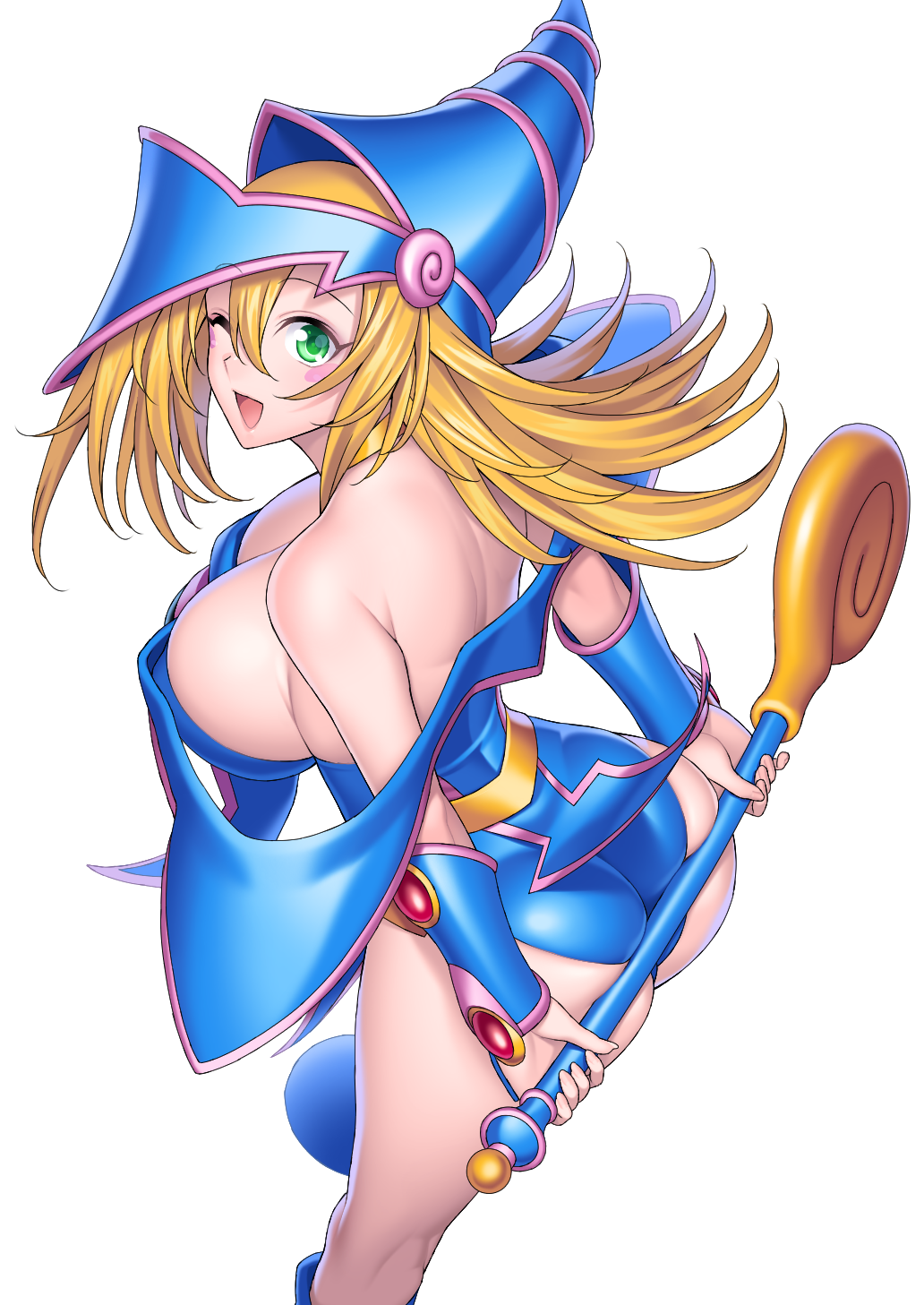 1girl ass bare_legs bare_shoulders blonde_hair blue_boots blue_leotard blush blush_stickers boots breasts choker cleavage dark_magician_girl duel_monster female from_behind green_eyes hat highres huge_ass large_breasts leotard long_hair looking_at_viewer looking_back magical_girl one_eye_closed open_mouth shiny shiny_hair sideboob simple_background smile solo staff standing suzume_inui white_background wink wizard_hat yu-gi-oh!