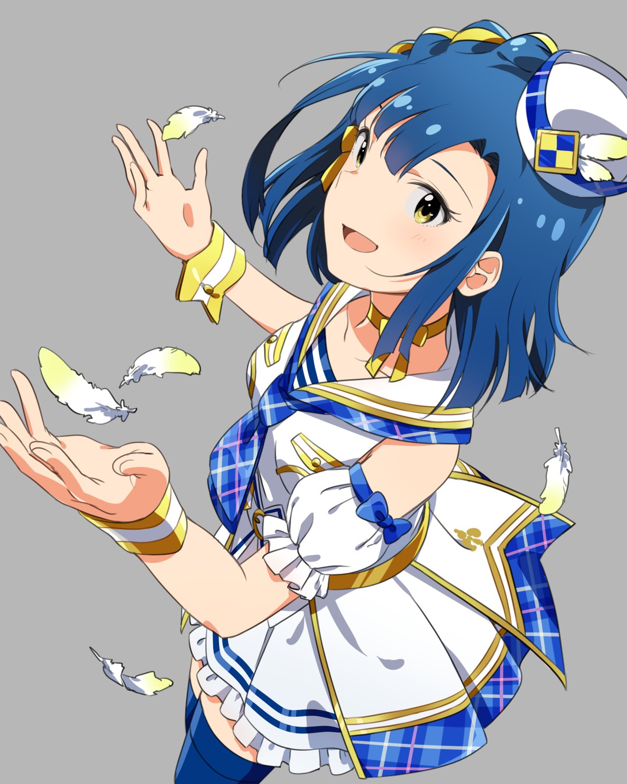 1girl blue_hair blush braid feathers hat highres idolmaster idolmaster_million_live! idolmaster_million_live!_theater_days looking_at_viewer nagami_tami nanao_yuriko open_mouth sailor_collar short_hair simple_background smile solo thigh-highs yellow_eyes zettai_ryouiki