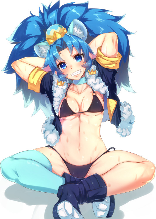 1girl animal_ears aqua_legwear arms_up bangs bikini black_bikini blue_eyes blue_hair boots breasts cropped_jacket cure_gelato earrings fur_trim grin indian_style jacket jewelry kirakira_precure_a_la_mode long_hair looking_at_viewer medium_breasts navel open_clothes open_jacket parted_bangs parted_lips precure satou_(kuso-neet) short_sleeves simple_background single_thighhigh sitting smile solo swimsuit thigh-highs thighs white_background