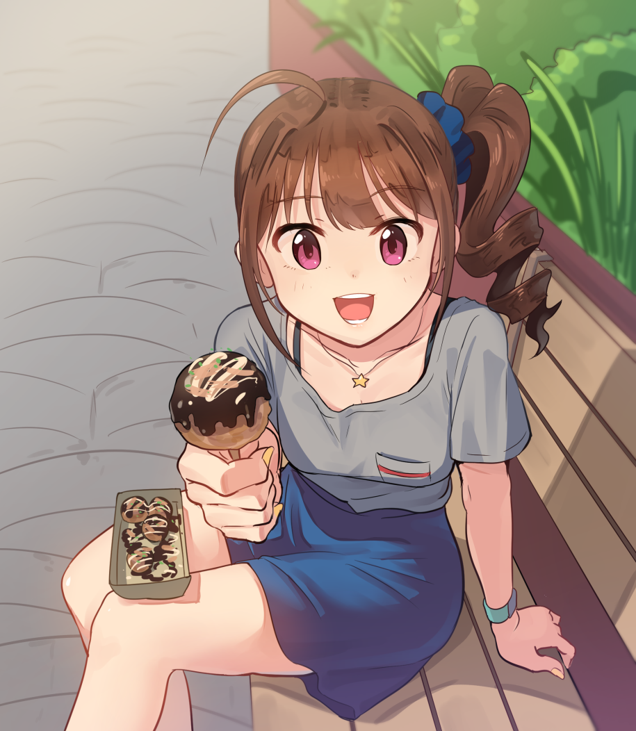 1girl bench blush brown_hair food idolmaster idolmaster_million_live! jewelry kamille_(vcx68) looking_at_viewer nail_polish necklace open_mouth pink_eyes short_hair short_ponytail sitting smile solo star_necklace takoyaki teeth yellow_nails yokoyama_nao