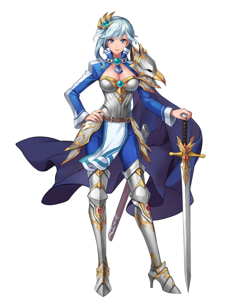 1girl armor armored_boots bangs belt blue_eyes boots breastplate breasts cape cleavage eyebrows_visible_through_hair full_body hair_ornament holding lipstick long_sleeves makeup medium_breasts official_art pants pelvic_curtain sheath short_hair shoulder_armor simple_background solo standing sword tenshi_mikadokuni weapon white_background