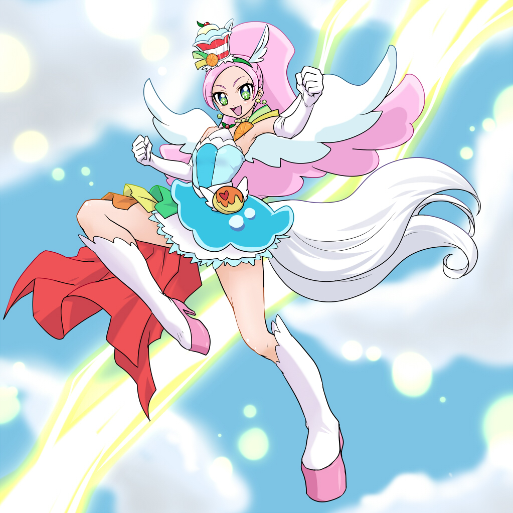 1girl blue_skirt boots clenched_hand clouds cure_parfait dengeki_gx earrings elbow_gloves food_themed_hair_ornament full_body gloves green_eyes green_hairband hair_ornament jewelry kirahoshi_ciel kirakira_precure_a_la_mode knee_boots long_hair looking_at_viewer magical_girl pink_hair precure skirt sky smile solo standing standing_on_one_leg tail white_boots white_gloves white_wings wings