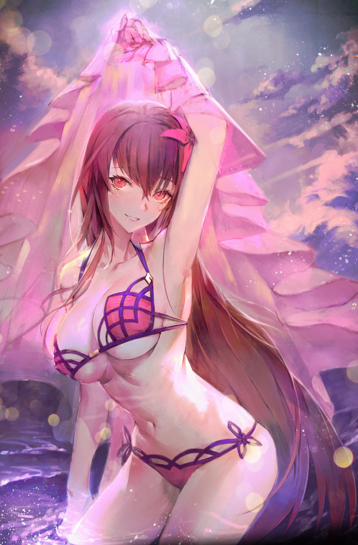 1girl arm_up armpits bikini blurry bokeh breasts cleavage clouds cloudy_sky contrapposto cowboy_shot depth_of_field fate/grand_order fate_(series) flower hair_flower hair_ornament halterneck hong large_breasts long_hair navel outdoors parted_lips pink_eyes purple_hair scathach_(fate/grand_order) scathach_(swimsuit_assassin)_(fate) side-tie_bikini sky smile solo swimsuit under_boob very_long_hair wading