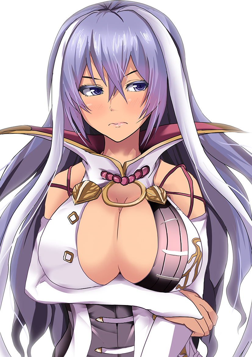 &gt;:( 1girl bare_shoulders blue_eyes blush breast_hold breasts bridal_gauntlets cleavage closed_mouth dress frown hair_between_eyes isabelle_(shadowverse) kanzaki_kureha large_breasts long_hair looking_away multicolored_hair purple_hair shadowverse solo two-tone_hair upper_body white_hair