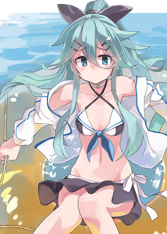 10s 1girl bikini black_bikini black_ribbon black_skirt blue_eyes breasts choker closed_mouth collarbone cowboy_shot front-tie_top green_hair hair_between_eyes hair_ornament hair_ribbon hairclip holding_rope innertube jacket kantai_collection long_hair navel ocean off_shoulder ribbon rope shaded_face skirt solo sugue_304 swimsuit track_jacket water white_pupils white_ribbon yamakaze_(kantai_collection)