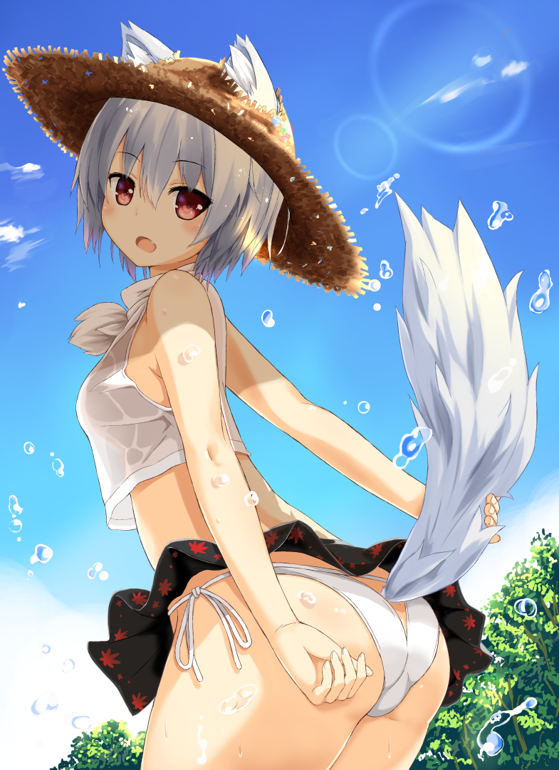 1girl animal_ears ass bare_arms bikini black_skirt blue_sky bluekalmia breasts cowboy_shot day eyebrows_visible_through_hair fang from_side hair_between_eyes hat inubashiri_momiji lens_flare looking_at_viewer medium_breasts microskirt outdoors red_eyes side-tie_bikini skirt sky smile solo standing straw_hat swimsuit tail touhou white_bikini white_hair wolf_ears wolf_tail