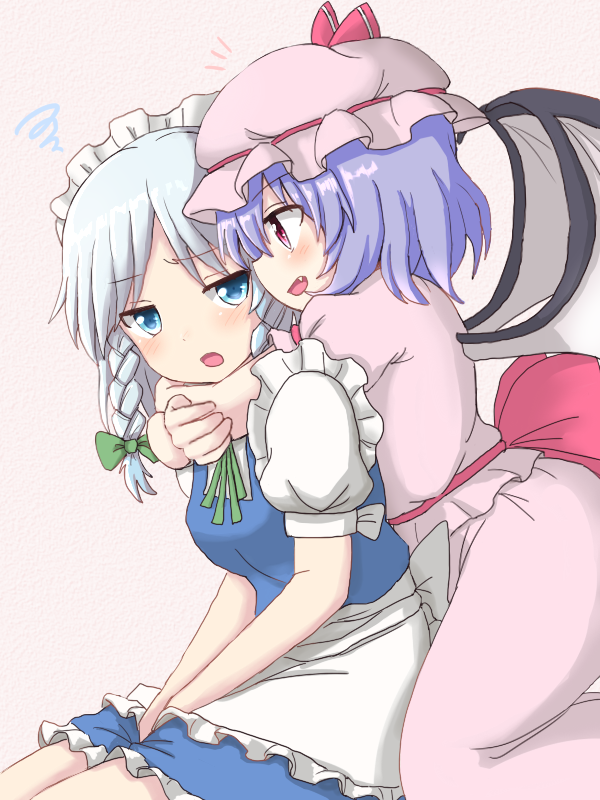 2girls apron arms_around_neck bat_wings between_legs blue_eyes blue_hair blush braid dadamori fang hair_ribbon hand_between_legs hands_together hat hat_ribbon hug hug_from_behind izayoi_sakuya kneeling leaning_on_person looking_at_another looking_back maid_headdress mob_cap multiple_girls open_mouth pink_background profile puffy_short_sleeves puffy_sleeves remilia_scarlet ribbon short_hair short_sleeves silver_hair simple_background sitting skirt skirt_set squiggle touhou tress_ribbon twin_braids waist_apron wings yuri