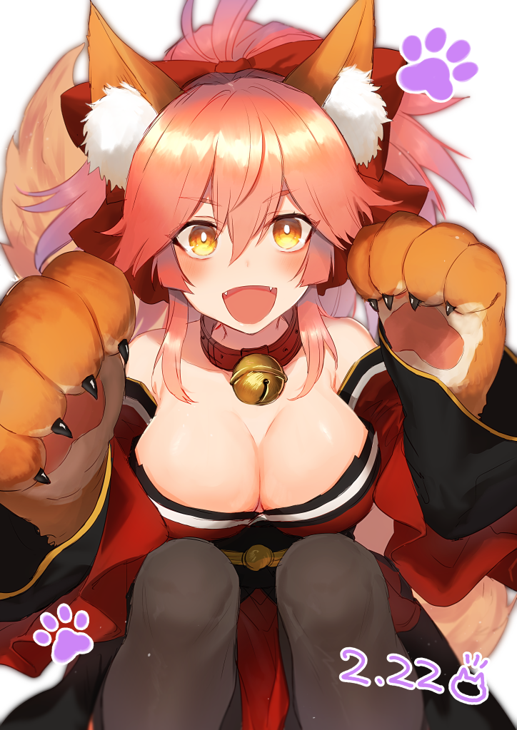 1girl :d animal_ears bangs bare_shoulders bell bell_collar black_legwear blush bow breasts cleavage collar dated eyebrows_visible_through_hair fangs fate/grand_order fate_(series) fox_ears hair_between_eyes hair_bow hands_up japanese_clothes jingle_bell kimono knees_up large_breasts long_hair looking_at_viewer obi open_mouth pantyhose paw_pose paws pink_hair ponytail red_bow red_kimono sash smile solo tamamo_(fate)_(all) tamamo_cat_(fate) yakibird yellow_eyes