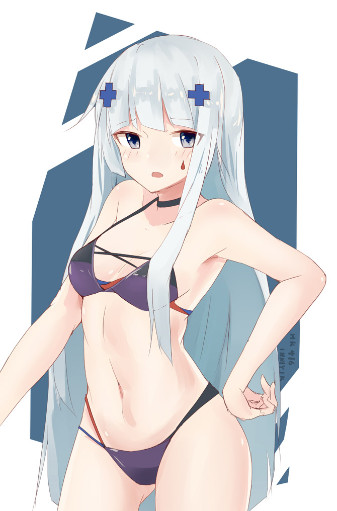 1girl bangs bikini black_bikini blunt_bangs breasts choker cowboy_shot girls_frontline grey_eyes hair_ornament hk416_(girls_frontline) inniyik long_hair looking_at_viewer small_breasts solo swimsuit teardrop white_hair