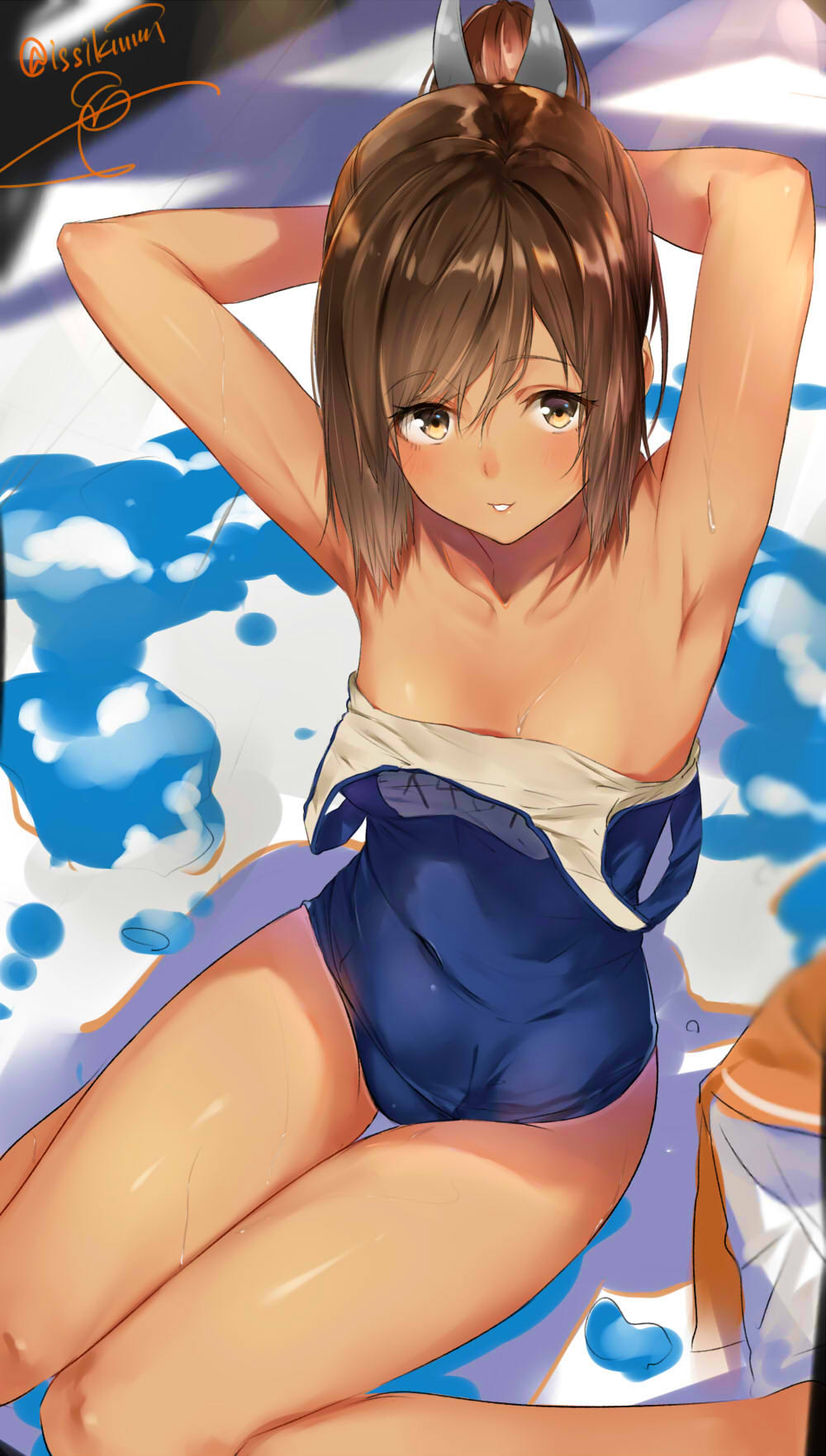 10s 1girl armpits arms_behind_head arms_up artist_name breasts brown_hair covered_navel folded_leg from_above highres i-401_(kantai_collection) isshiki_(ffmania7) kantai_collection looking_at_viewer looking_up parted_lips ponytail school_swimsuit sitting small_breasts smile solo sweat swimsuit swimsuit_pull wariza