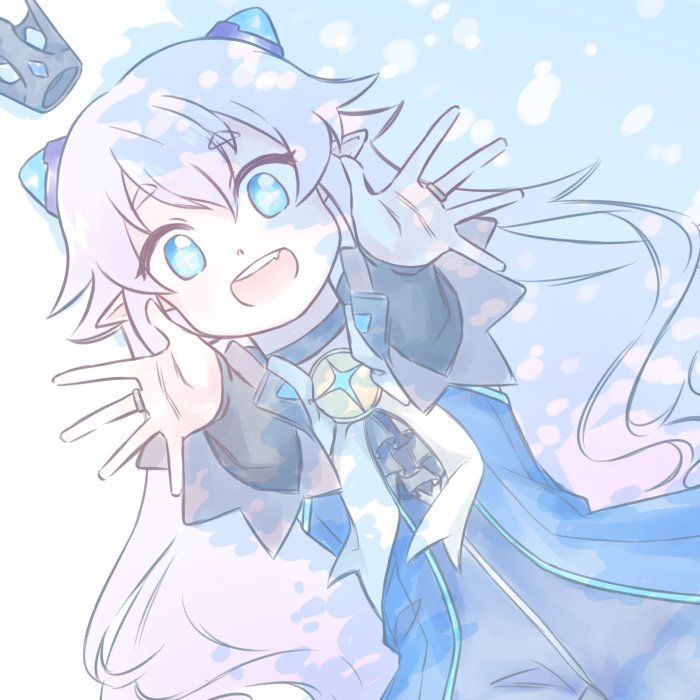 :d artist_request blue_eyes blue_legwear blue_skirt crown elsword heart heart_tail horns long_hair looking_at_viewer luciela_r._sourcream on_floor open_mouth pointy_ears skirt smile tagme tail thigh-highs white_background white_hair