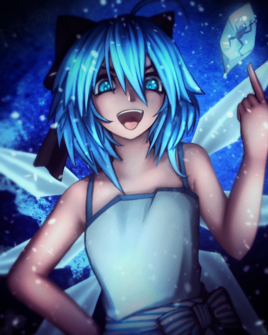 1girl alternate_costume bangs blue_eyes blue_hair blue_pupils blurry cirno dress fixelcat frozen_frog hair_ribbon hand_on_hip ice ice_wings koumajou_densetsu looking_at_viewer open_mouth ribbon shaded_face short_hair sleeveless sleeveless_dress smile snowing solo touhou white_dress wind wings