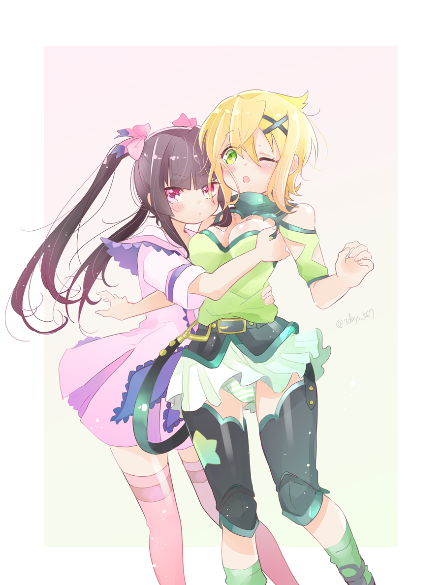 2girls 50218 akatsuki_kirika belt black_hair blonde_hair blush bow breast_grab breasts chaps commentary_request dress eyebrows_visible_through_hair grabbing green_eyes hair_between_eyes hair_bow hair_ornament hug jewelry long_hair medium_breasts multiple_girls necklace one_eye_closed open_mouth panties pink_dress pink_eyes pink_legwear senki_zesshou_symphogear short_hair skirt striped striped_panties thigh-highs tsukuyomi_shirabe twintails underwear white_background x_hair_ornament yuri