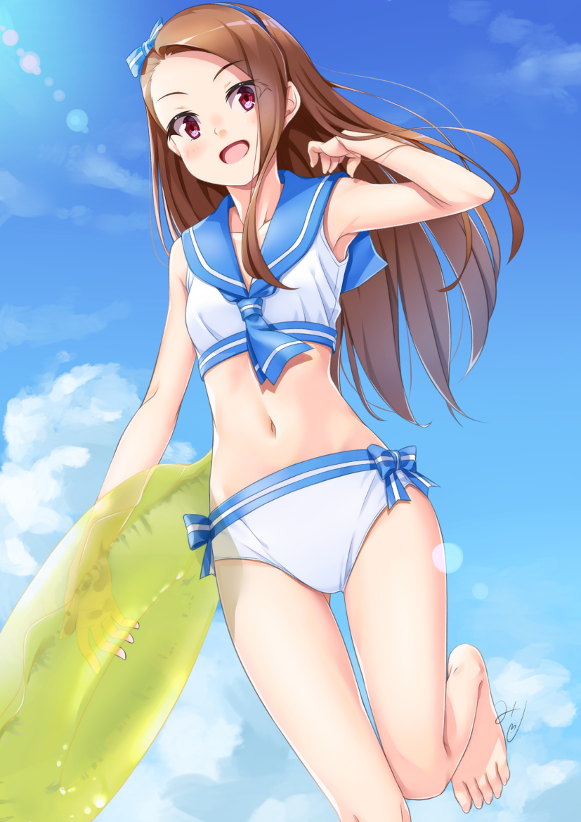 1girl barefoot blush brown_eyes brown_hair feet hairband idolmaster innertube long_hair looking_at_viewer midriff minase_iori miri_(ago550421) navel open_mouth sailor_bikini sailor_collar sailor_swimsuit_(idolmaster) smile solo swimsuit toes