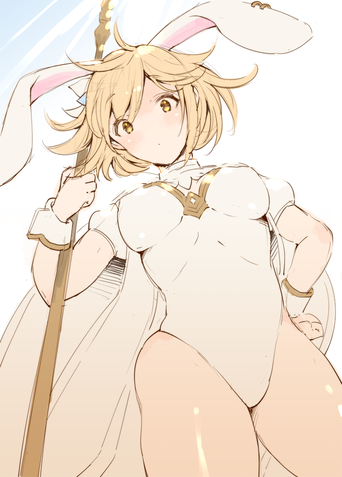 animal_ears blonde_hair cape djeeta_(granblue_fantasy) granblue_fantasy kadzuki_(ka3du6ki) leotard looking_down rabbit_ears sage_(granblue_fantasy) short_hair staff