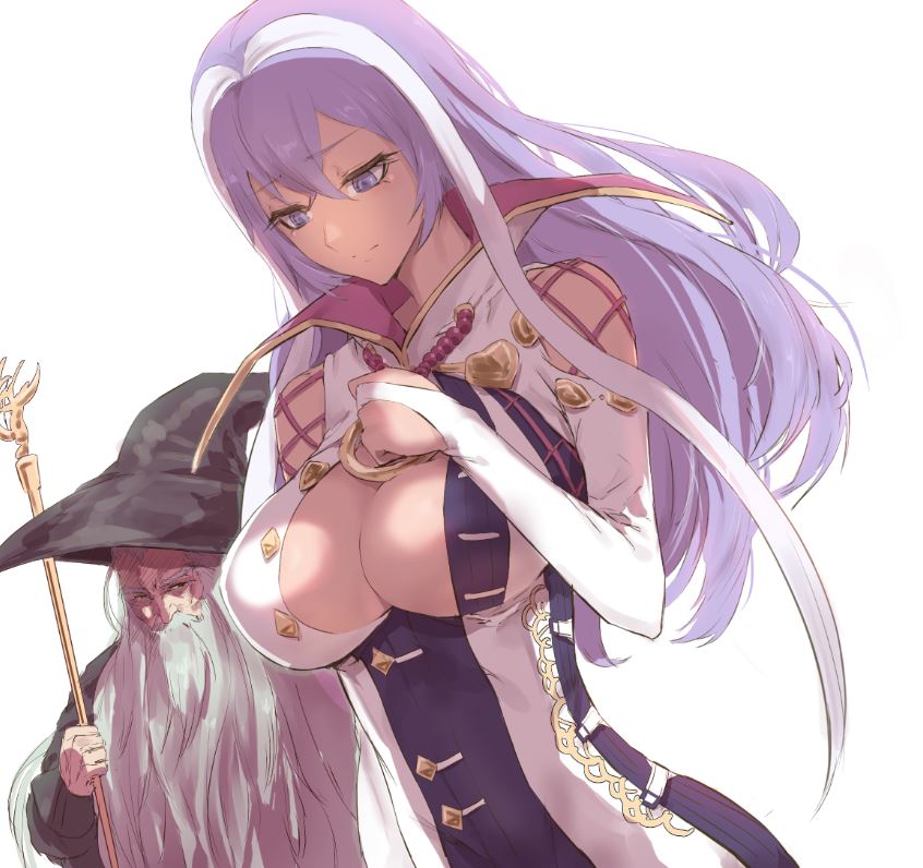 1boy 1girl breasts bridal_gauntlets cleavage closed_mouth hair_between_eyes hat isabelle_(shadowverse) large_breasts long_hair looking_at_another multicolored_hair purple_hair samubbitti shadowverse shoulder_cutout staff two-tone_hair upper_body violet_eyes white_hair wizard wizard_hat