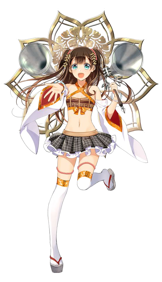 1girl :d blue_eyes brown_hair checkered checkered_skirt detached_sleeves full_body holding holding_microphone ishiyama_obou_(oshiro_project) long_hair microphone midriff murakami_yuichi navel official_art open_mouth oshiro_project oshiro_project_re outstretched_arm pleated_skirt skirt smile thigh-highs transparent_background twintails white_legwear